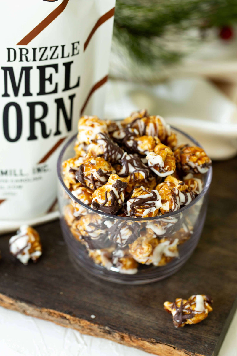 Old School Brand Chocolate Drizzle Caramel Popcorn caramel corn with chocolate drizzle at DDR BBQ Supply