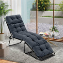 The Outdoor Lounge Chaise Cushion Set of 2 - 73x22 Inch High Back by DirectDeals is styled on a gray rug near a round glass table with drinks and snacks, beside large windows with garden views.