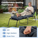 A woman in loungewear relaxes on the Outdoor Lounge Chaise Cushion Set of 2 - 73x22 Inch High Back by DirectDeals, showing its plush, 11cm-thick padding and soft comfort; inset highlights cushion softness.