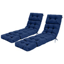 Display your patio in style with the DirectDeals Outdoor Lounge Chaise Cushion Set of 2 - 73x22 Inch High Back, featuring navy blue tufted cushions with ties, perfect for outdoor loungers.