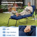 A woman relaxes outdoors on a blue DirectDeals Outdoor Lounge Chaise Cushion Set of 2 - 73x22 Inch High Back, featuring plush 4-inch thick, soft high-resilient filling. An inset shows a hand pressing into the cushion.