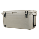 Tan 75-quart cooler by Bison Coolers with black latches, a carry handle, and speckled texture.