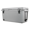 Gray 75-quart cooler by Bison, featuring a textured surface, black latches, and a black rope handle.
