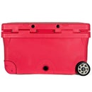 The Bob - The Cooler Co. 75QT / 70.97L "BFF" Hard Cooler is a spacious red plastic cooler featuring extra-thick insulated walls, two heavy-duty black and white wheels on one side, a lid with handles, and a drain plug conveniently located on the bottom front.