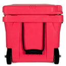 A front view of the Bob The Cooler Co. 75QT / 70.97L "BFF" Hard Cooler by Bob - The Cooler Co., featuring a large red body, extra thick insulated walls, heavy-duty wheels, and a black handle.
