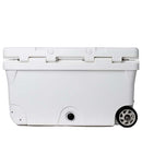 The Bob - The Cooler Co. 75QT / 70.97L "BFF" Hard Cooler is a large, high-capacity cooler with a closed lid and extra-thick insulated walls, equipped with two heavy-duty black-and-white wheels on one side, displayed against a plain white background.