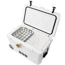 A white Bob The Cooler Co. 75QT / 70.97L "BFF" Hard Cooler with its lid open reveals a wire basket inside. This cooler by Bob - The Cooler Co. features heavy-duty wheels, sturdy handles, and the BOB logo on the front. Its extra-thick insulated walls help keep contents cold for longer, while a yellow tag labeled "BOB BOX" hangs from the basket.
