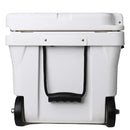 The Bob The Cooler Co. 75QT / 70.97L "BFF" Hard Cooler by Bob - The Cooler Co., a white hard-sided cooler with extra thick insulated walls, a black handle, and heavy duty wheels, is displayed from the front view against a white background.
