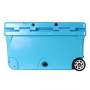 Introducing the Bob - The Cooler Co. 75QT / 70.97L "BFF" Hard Cooler, a spacious blue plastic cooler featuring a hinged lid and two heavy-duty wheels for easy transport. With extra thick insulated walls, this cooler from Bob - The Cooler Co. is designed to keep your items cold for extended periods.