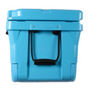 Here is the rewritten sentence using your product data: A front-facing view of the Bob The Cooler Co. 75QT / 70.97L "BFF" Hard Cooler by Bob - The Cooler Co., displayed in blue with extra thick insulated walls, a secure lid, and a black rope handle, set against a white background.