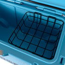 The Bob The Cooler Co. 75QT / 70.97L "BFF" Hard Cooler by Bob - The Cooler Co. is shown open in blue, displaying a removable black metal wire basket inside for organizing and separating contents from the main compartment. Featuring extra-thick insulated walls for superior temperature retention and heavy-duty wheels for easy transport, the lid is open to reveal the basket's grid structure.