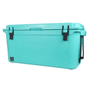 Seafoam cooler, 75 quart by Bison Coolers, with black latches and handles against a black background.