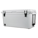White 75-quart ice chest by Bison Coolers with black latches and rope handles against a black background.