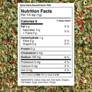 Nutrition facts label for The Spice Lab Spicy Italian Roasted Garlic Seasoning, a bold garlic blend from The Spice Lab ideal as a grilling seasoning, shown over a background of dried spice mix. The label details ingredients and nutrition information, including zero calories, fat, and protein, with 193mg sodium per 1/4 tsp serving.