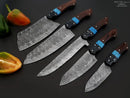 Texan Knives' Best Chef Knives Set features a 13" handmade Damascus steel kitchen knife with a Wenge resin handle and leather sheath, displayed alongside sliced and whole bell peppers on a black surface.