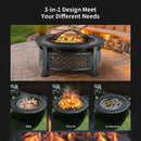 The DirectDeals Outdoor Fire Pit with BBQ Grill and High-temp Resistance Finish is displayed on a patio, shown as a fire pit, BBQ, and ice bucket amid bricks and stones.