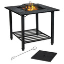 The DirectDeals 31 Inch Outdoor Fire Pit Dining Table with Cooking BBQ Grate features mesh sides, a removable mesh lid, fire poker, and sturdy four-leg design—perfect for outdoor dining and grilling.