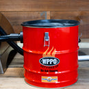 A red WPPO LLC Direct 18V Rechargeable Ash Vacuum With Bonus Value Pack, displaying the "GET FIRED UP" text, is shown on a wooden surface. It features a black hose attached to the left side and a metal latch on the front, and this model includes a HEPA filter for efficient cordless cleaning.