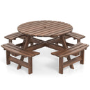 The DirectDeals 8-Person Round Picnic Table Set Circular Patio Dining Camping Table with Benches features a fir wood build, central umbrella hole, and seats eight—ideal for outdoor gatherings.