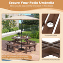 The DirectDeals 8-Person Round Picnic Table Set Circular Patio Dining Camping Table with Benches has a 2-inch umbrella hole, cross-shaped pole holder, seats eight; umbrella not included.