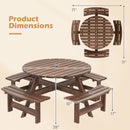The DirectDeals 8-Person Round Picnic Table Set Circular Patio Dining Camping Table with Benches seats 8, features a 44″ table (overall 71″x71″), bench height 17″, tabletop height 28″. Includes top and side views.