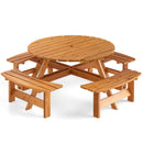 The DirectDeals 8-Person Round Picnic Table Set Circular Patio Dining Camping Table with Benches seats up to eight, featuring sturdy fir wood slatted tabletop and curved benches. Shown empty on a white background.