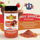 A 9.4 oz bottle of Hickman's BBQ Sweet Natural Gluten Free BBQ Rub with skewered meat and seasoning, plus a banner reading "2022 Winner 4th Place American Royal" and award details.