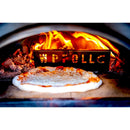 A pizza baking in the compact WPPO Karma 25 Wood-Fired Oven by WPPO LLC Direct, with flames dancing in the background and a metal sign displaying "WP POLLC" inside, captures the authentic charm of true wood-fired cooking.