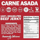 Red and white label for Manly Cans CANivore Plus Meat Gift Can, made with 100% grass-fed carne asada beef jerky. Includes nutrition facts, ingredients, and icons: no MSG, gluten-free, high protein, nitrite-free, natural ingredients.
