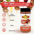 A bottle of Hickman's BBQ Sweet Natural Gluten Free BBQ Rub 9.4 oz is shown with grilled kebabs. The label features "Because Pit Happens." Text highlights clean ingredients, vegan, no MSG, gluten-free, and no preservatives.