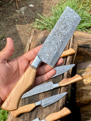 A hand holds a Texan Knives Sharp Kitchen Knife Set piece, featuring a 13" Damascus steel blade and olivewood handle. Four matching knives from the set rest on wood nearby, with grass and soil visible in the background.