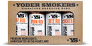 The Yoder Smokers YS Rubs 4-Pack features AP, Pork, Beef, and Chicken rubs in a rustic branded box—ideal for adding signature Yoder Smokers flavor to your barbecue.
