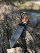 The Texan Knives Custom Handmade Stone Texture Hand Forged 1095 High Carbon Steel Vintage Viking Knife with an antler handle rests on rough tree bark in natural outdoor light.