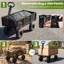 Collage of the 880 lbs Utility Wagon Flatbed with Removable Oxford Cloth Liner by DirectDeals carrying rocks, firewood, and boxes; close-up shows hands removing a side panel; steps 1-3 highlight its versatile uses.