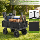 The DirectDeals 880 lbs Utility Wagon Flatbed with Removable Oxford Cloth Liner is shown outdoors with camping gear. Insets highlight its sturdy metal frame and premium oxford cloth for lasting durability.