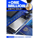 The Dalstrong Professional Coarse Wide Cheese Grater with a black G10 handle is shown on a blue and silver background, featuring “+ONE MILLION UNITS SOLD!” and a gold lion-medal. Dalstrong branding and product cards surround the grater.