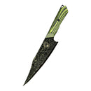 The Spaceman Knives Gravity Series Utility Knife by Spaceman Knives features an AUS-10 steel blade with a Damascus pattern and a green and black checkered handle, shown isolated on a white background.