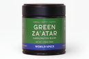 A 1.76 oz (50g) jar of World Spice Green Za'atar by World Spice, featuring a handcrafted blend of aromatic herbs, sumac, and sesame seeds with herbal, nutty, and earthy flavors, displayed against a white background.