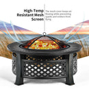 The DirectDeals Outdoor Fire Pit with BBQ Grill and High-temp Resistance Finish is shown with flames, blue arrows for airflow, orange arrows for rising heat, and text highlighting its durable, heat- and spark-resistant finish.