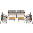 DirectDeals 8-Piece Patio Conversation Set with Acacia Wood Coffee Table features four armchairs, two loveseats, and two coffee tables with metal frames and beige cushions. Shown on a white background.