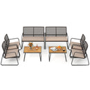 The DirectDeals 8-Piece Patio Conversation Set with Acacia Wood Coffee Table includes six armchairs, two loveseats, and decor, creating stylish outdoor seating on a white background.