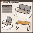 Diagram showing dimensions and weight capacities for the DirectDeals 8-Piece Patio Conversation Set with Acacia Wood Coffee Table, including details for loveseat, chair, and table. All dimensions and weights are labeled.