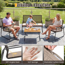 A family relaxes with drinks on DirectDeals 8-Piece Patio Conversation Set with Acacia Wood Coffee Table. Text: Relaxing & Easy Care. Insets highlight 105° angled seat, soft sponge, washable covers, and lush greenery backdrop.