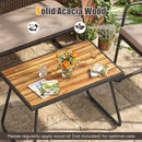 The DirectDeals 8-Piece Patio Conversation Set with Acacia Wood Coffee Table seats two comfortably, holding drinks and magazines. Smooth Touch and Natural Beauty icons highlight features; care instructions included.