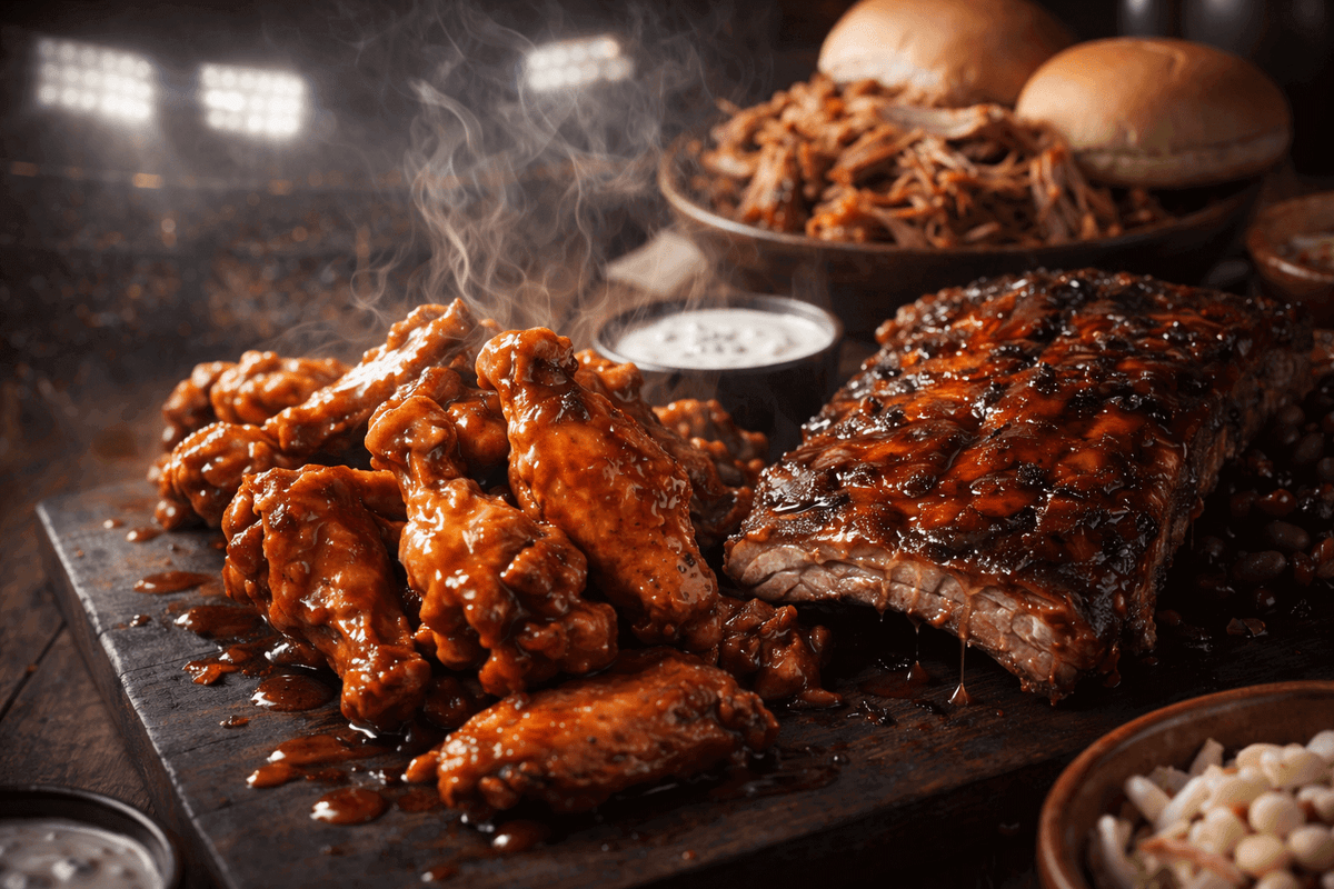 A platter of glazed barbecue ribs and saucy chicken wings, with bowls of sides, pulled pork, and sandwich buns in the background. Steam rises from the hot, freshly cooked food.