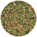 A close-up of The Spice Lab Spicy Italian Roasted Garlic Seasoning by The Spice Lab, highlighting its vibrant green, red, and yellow herb and spice flakes. The blend is showcased within a circular frame.