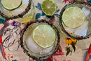 Three glasses filled with ice and lime slices, each rimmed with World Spice Limón-Chile seasoning from World Spice, sit on a colorful surface patterned with florals and birds. A halved lime rests in the background.