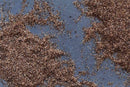Close-up of scattered brown granules of World Spice Alderwood Smoked Salt, spread unevenly across a flat, gray surface.