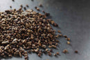 A pile of small, brown World Spice Cardamom Seed is scattered on a gray surface, with some seeds spread out further from the main pile—perfect for adding authentic flavor to Turkish coffee or grinding fresh for use in your favorite recipes.