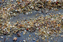 Close-up of vibrant dried herbs and spices, including World Spice Montreal Steak & Chop seasoning by World Spice, scattered on a dark gray surface and revealing a blend of coarse and fine textures.